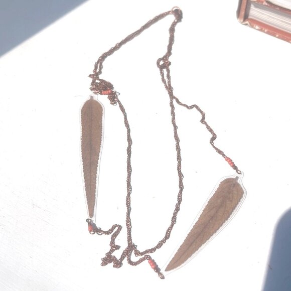 Inspired by Nature Boho Necklace with Natural Brown Leaves and Beads on Copper T - Picture 4 of 4